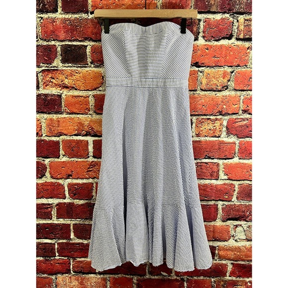 J CREW Seersucker Strapless A Line Midi Dress in Blue White Size 00 - Picture 2 of 8